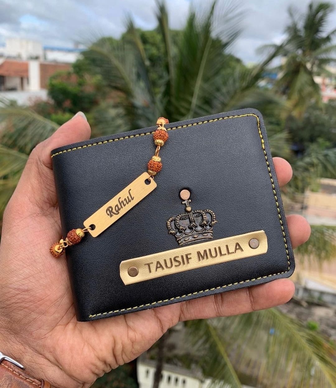 Personalized Men's Wallet with Rudraksha Rakhi – Custom Name Engraved Gift Combo for Brother