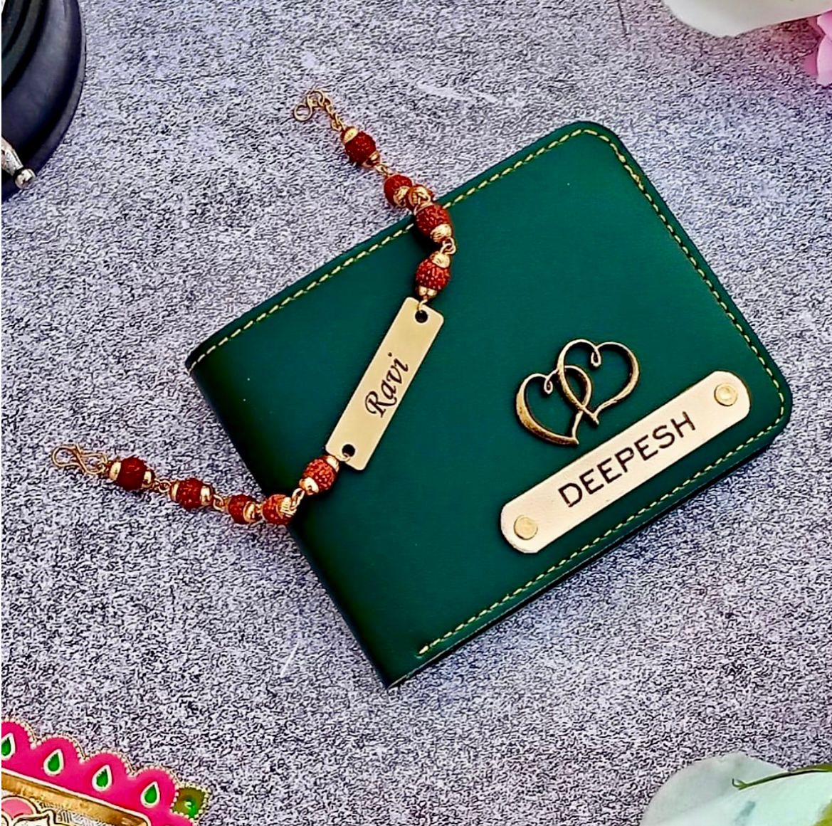 Personalized Men's Wallet with Rudraksha Rakhi – Custom Name Engraved Gift Combo for Brother