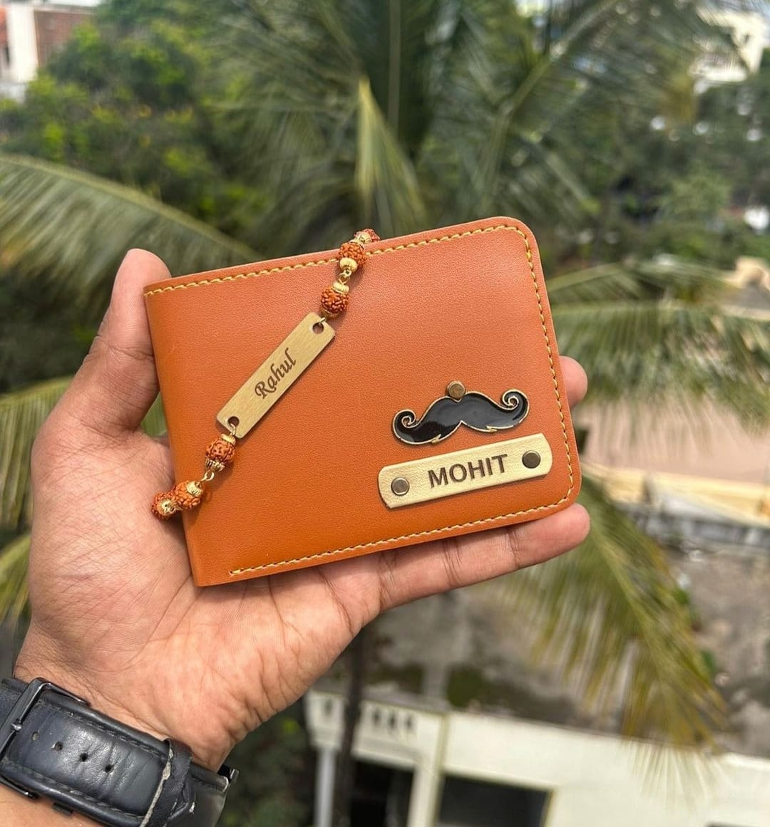 Personalized Men's Wallet with Rudraksha Rakhi – Custom Name Engraved Gift Combo for Brother
